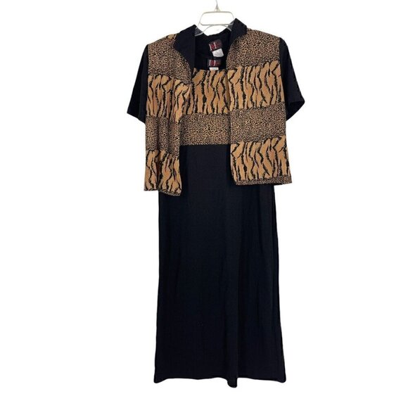 VTG Animal Print Midi Dress & Cardigan Set Black 16 artsy art to wear safari - Picture 1 of 9